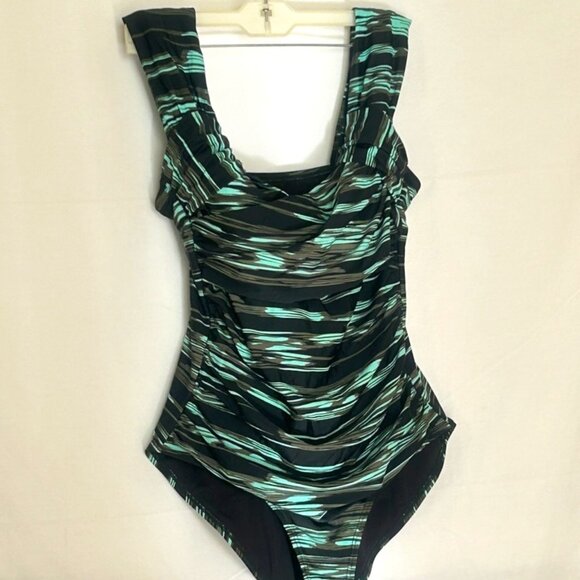 TROPICULTURE Swimsuits For All Black/Green Crossover Ruched One Piece  ~ Size 12 - Picture 1 of 7